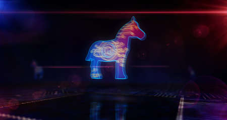Trojan attack, digital theft, identity spying, cyber crime, malware, phishing and hacking symbol concept. Futuristic 3D icon flying over computer board circuit. Abstract background illustration.の写真素材