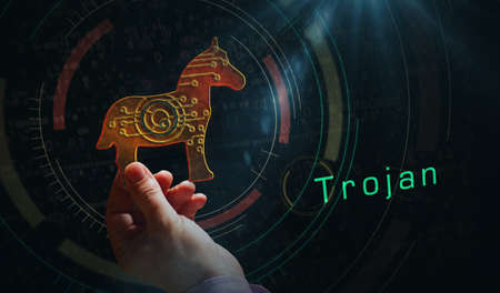 Trojan attack, computer virus, cyber security, malware, crime and spying software technology icon....