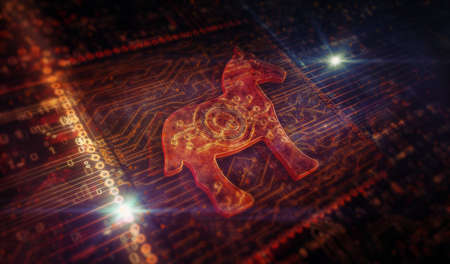 Trojan attack, computer virus, cyber security, malware, crime and spying software technology icon. Abstract symbol concept 3d rendering illustration.の写真素材