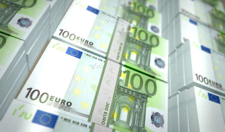 Euro money pack 3d illustration. 100 EUR banknote bundle stacks. Concept of finance, cash, economy...