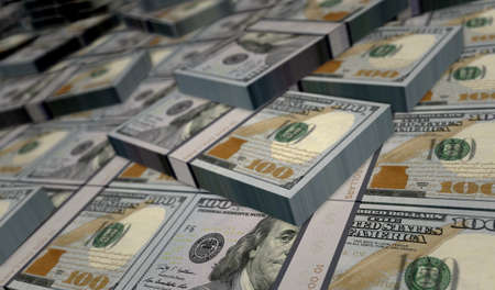 Dollar money pack 3d illustration. 100 USD banknote bundle stacks. Concept of finance, cash, economy...