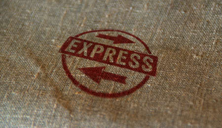 Express stamp printed on linen sack. Quick delivery, fast shipping, service and fast package transport concept.の写真素材