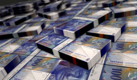 Swiss Franc, money pack 3d illustration. Switzerland 100 CHF banknote bundle stacks. Concept of...