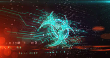 Biohazard symbol, science, global pandemic, covid-19 epidemic, danger warning, poison and biological alert concept. Futuristic abstract 3d rendering illustration.の写真素材