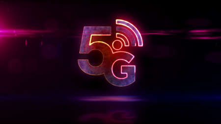 5g mobile telecommunication neon, communication technology, wireless internet and speed phone network loop concept. Futuristic abstract 3d rendering illustration.の写真素材