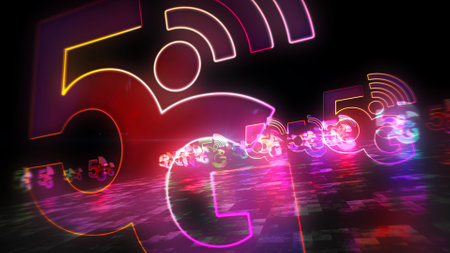 5g mobile telecommunication neon, communication technology, wireless internet and phone network...
