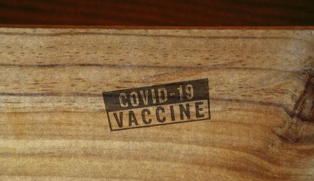 Vaccinated covid-19 stamp printed on cardboard box. Virus epidemic, vaccine against COVID-19, medicine, health and disease resistance concept.の写真素材