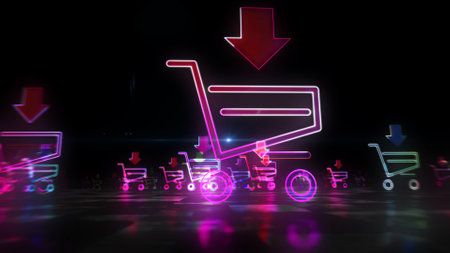 Shopping cart symbol, store, shop, business, retail and market icon neon concept. Futuristic abstract 3d rendering illustration.の写真素材