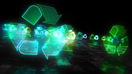 Recycling symbol, ecology, reuse icon, green technology and clean industry. Futuristic abstract...