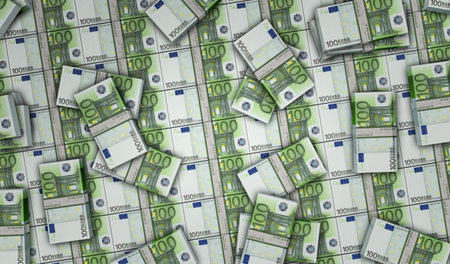 Euro money pack 3d illustration. 100 EUR banknote bundle stacks. Concept of finance, cash, economy...