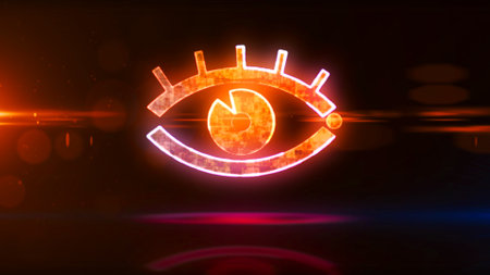 Cyber eye symbol, digital spying sign, surveillance technology and privacy hacking concept. Futuristic abstract 3d rendering illustration.の写真素材