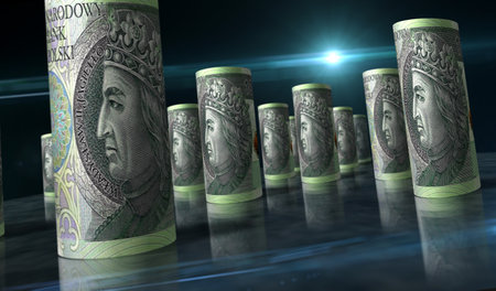 Polish Zloty rolls 3d illustration. Money on the table. Camera between PLN rolled banknotes. Abstract concept of economy, finance, cash, business, recession and debt in Poland.の写真素材