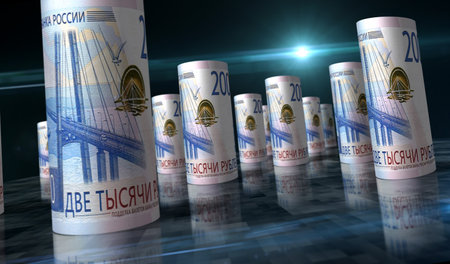 Russian Ruble rolls 3d illustration. Money on the table. Camera between RUB rolled banknotes. Abstract concept of economy, finance, business, recession and debt in Russia.の写真素材