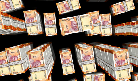 Indian rupee money pack 3d illustration. 200 INR banknote bundle stacks. Concept of finance, cash,...