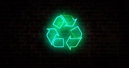 Recycling symbol, ecology, reuse icon, green technology and clean industry neon sign on brick wall...