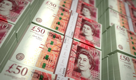 Pound Sterling money pack 3d illustration. 50 GBP banknote bundle stacks. Concept of finance, cash,...