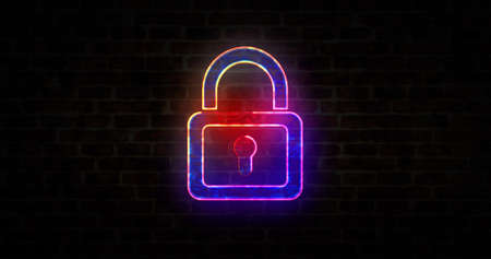 Cyber security with padlock symbol, computer protection and system safety neon sign on brick wall concept. Abstract 3d rendering icon illustration.の写真素材