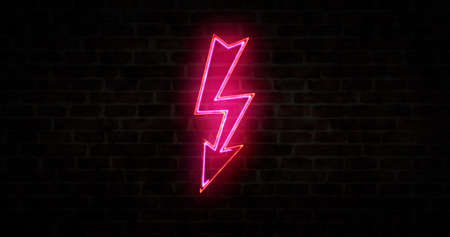 Energy symbol, lightning, industrial danger sign, electric power technology and flash neon sign on...