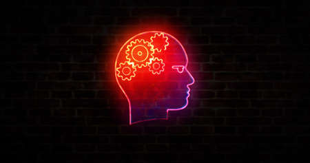 Artificial intelligence neon sign on brick wall, cybernetic brain, AGI and machine learning concept symbol. Abstract 3d rendering illustration.の写真素材