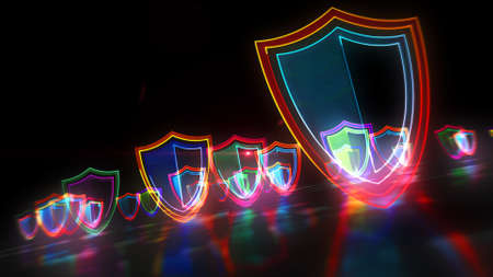 Cyber security concept with shield symbol, privacy protection and computer safety icon. Futuristic abstract 3d rendering illustration.の写真素材