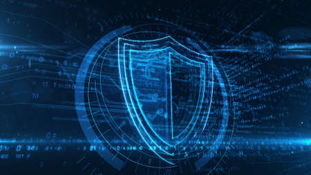 Cyber security concept with shield symbol, privacy protection and computer safety icon. Futuristic abstract 3d rendering illustration.の写真素材