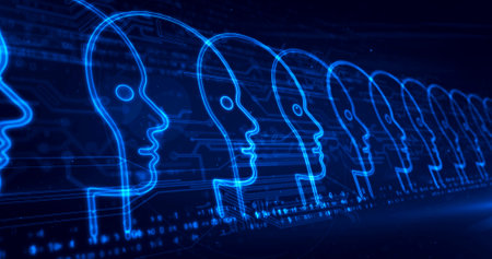 Social scoring concept with face symbol, people scoring, rating technology, credit system, citizen score and privacy icon. Futuristic abstract 3d rendering illustration.の写真素材