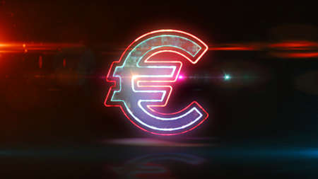 Euro symbol. Glowing eu currency sign. Concept of money, business, finance, debt and economy in Europe. Futuristic abstract 3d rendering illustration.の写真素材