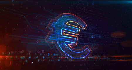 Euro symbol. Glowing eu currency sign. Concept of money, business, finance, debt and economy in Europe. Futuristic abstract 3d rendering illustration.の写真素材