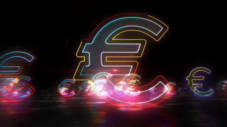 Euro symbol. Glowing eu currency sign. Concept of money, business, finance, debt and economy in Europe. Futuristic abstract 3d rendering illustration.の写真素材