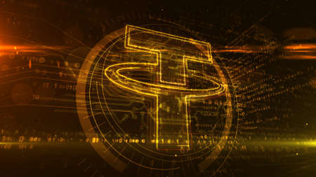 Tether stablecoin symbol, USDT, mastercoin dollar cryptocurrency business, cyber money safety icon. Futuristic abstract concept 3d rendering illustration.の写真素材
