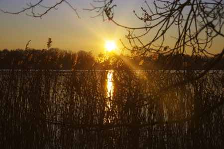 Winter sunset with reflection of sunlight on ice on the frozen lakeの写真素材