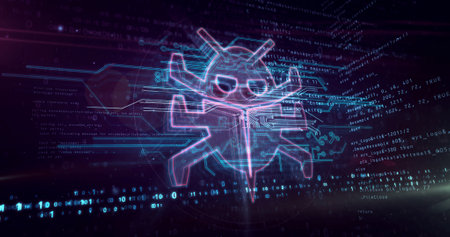 Virus symbol, computer protection, cyber attack, antivirus, digital worm and bug icon. Futuristic...