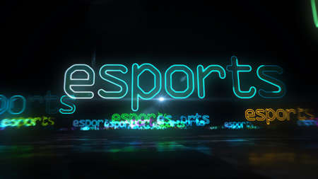 Esports, cyber gaming, online play tournament and digital sport abstract text. Futuristic concept 3d rendering illustration.の写真素材