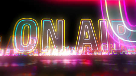 On air radio neon sign concept, television broadcast, media and studio music production. Glowing...