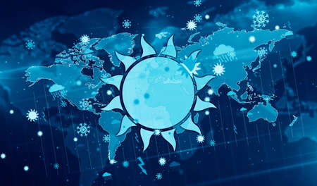Weather symbols and icons on digital globe 3d illustration. Abstract concept background with storm,...