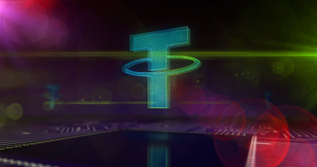 Tether stablecoin symbol, USDT, mastercoin dollar cryptocurrency business, cyber money safety icon. Futuristic abstract concept 3d rendering illustration.の写真素材