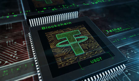 Tether symbol, USDT, cryptocurrency, cyber dollar coin, crypto currency and mastercoin money icon. Abstract 3d symbol concept rendering illustration.の写真素材