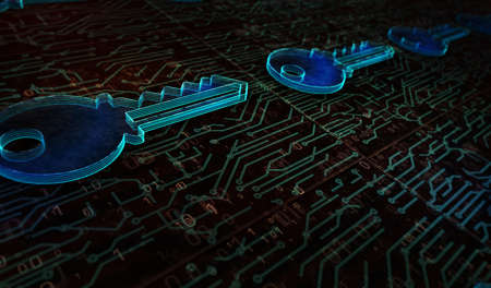 Cyber security, computer protection, digital safety technology with key metal symbols. Abstract concept 3d rendering illustration.の写真素材