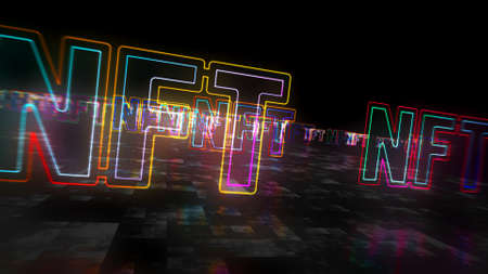 NFT crypto art sign, non fungible token of unique collectibles, blockchain and digital artwork selling technology concept symbol. Futuristic abstract concept 3d rendering illustration.の写真素材