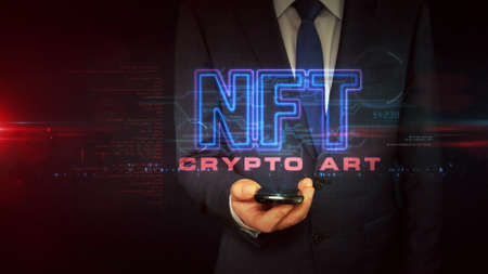 NFT crypto art sign, non fungible token of unique collectibles, blockchain and digital artwork selling technology symbol. Businessman touch the hologram display in hand. Abstract concept 3d rendering.の写真素材