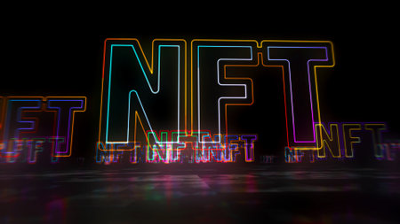 NFT crypto art sign, non fungible token of unique collectibles, blockchain and digital artwork selling technology concept symbol. Futuristic abstract concept 3d rendering illustration.の写真素材