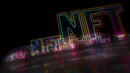 NFT crypto art sign, non fungible token of unique collectibles, blockchain and digital artwork selling technology concept symbol. Futuristic abstract concept 3d rendering illustration.の写真素材