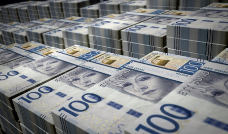 Swedish Krone money pack 3d illustration. 100 SEK banknote bundle stacks. Concept of finance, cash,...
