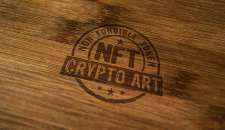 NFT crypto art stamp printed on wooden box. Non fungible token of unique collectibles, blockchain and artwork selling technology concept.の写真素材