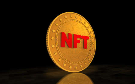 NFT Crypto art gold coin on green screen background. Abstract concept 3d illustration.の写真素材