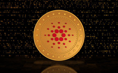 Cardano Ada cryptocurrency symbol gold coin on green screen background. Abstract concept 3d illustration.の写真素材