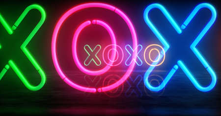 XOXO symbol neon symbol. Light color bulbs with love, romantic greetings, hugs and kisses sign. Abstract concept 3d illustration.の写真素材