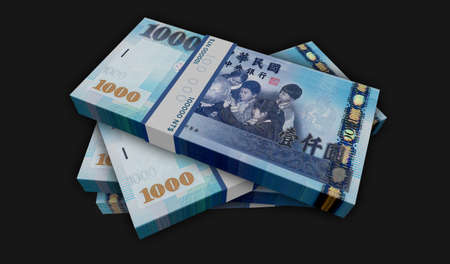 Taiwan Dollar money pack 3d illustration. TWD banknote bundle stacks. Concept of finance, cash, economy crisis, business success, recession, bank, tax and debt.の写真素材