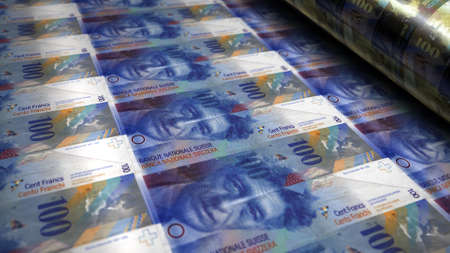 Swiss Franc money printing 3d illustration. Switzerland 100 CHF banknote bundle stacks. Concept of...