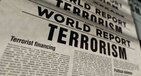World terrorism and political violence report. Newspaper print. Vintage press abstract concept. Retro 3d rendering illustration.の写真素材